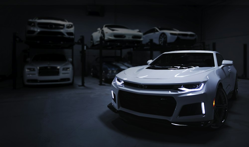 Sports car inside a garage